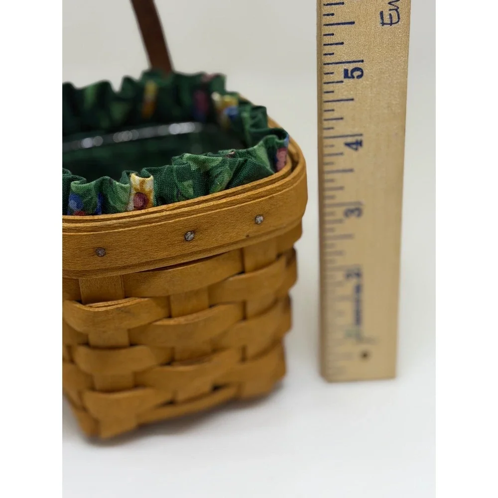VTG Longaberger Basket Brown Woven Wood Floral Fabric Liner‎ Leather Handle 1996